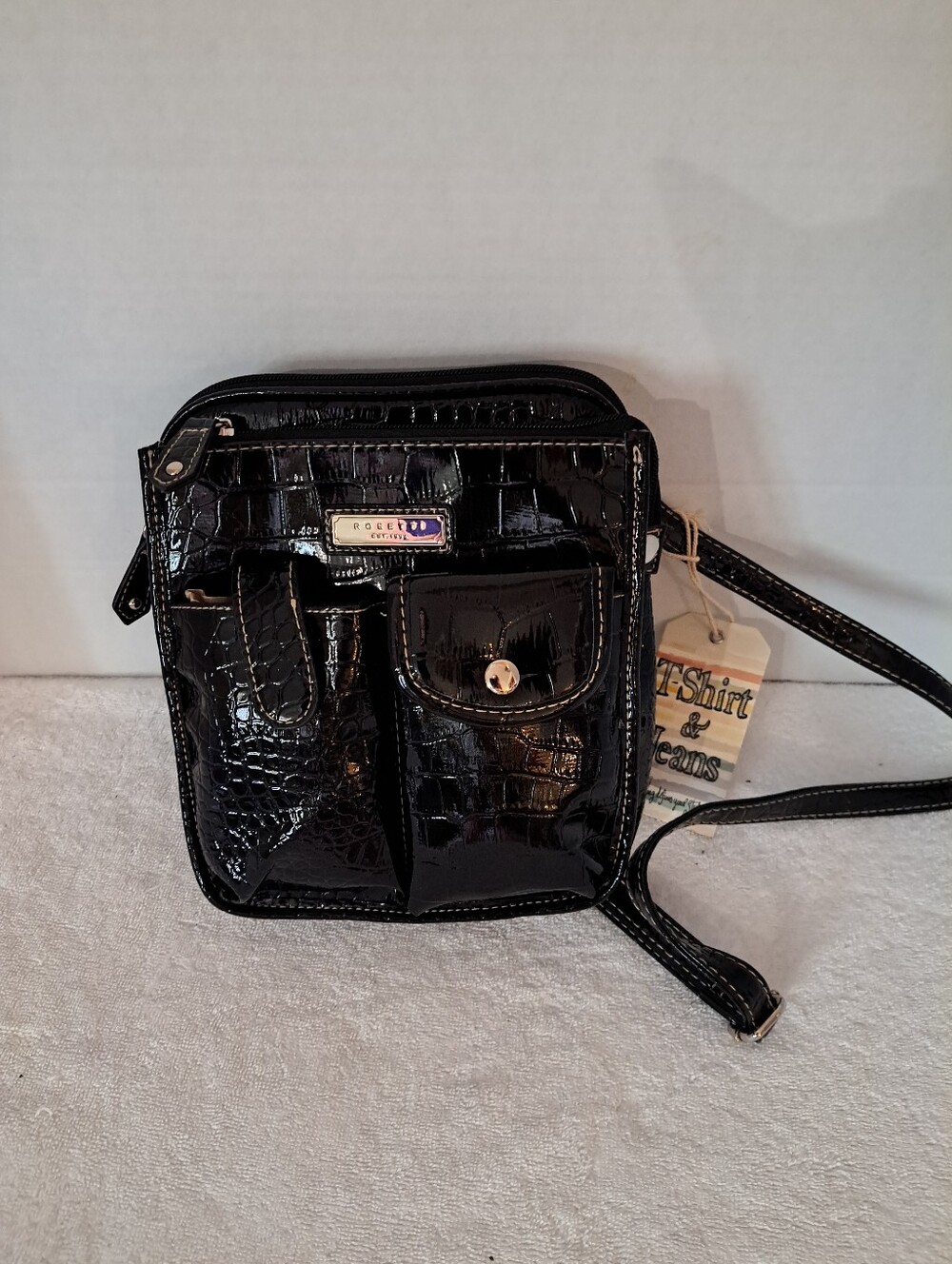 Rosetti Black Vegan Patent Croc-Effect Crossbody Bag with Branded Plaque